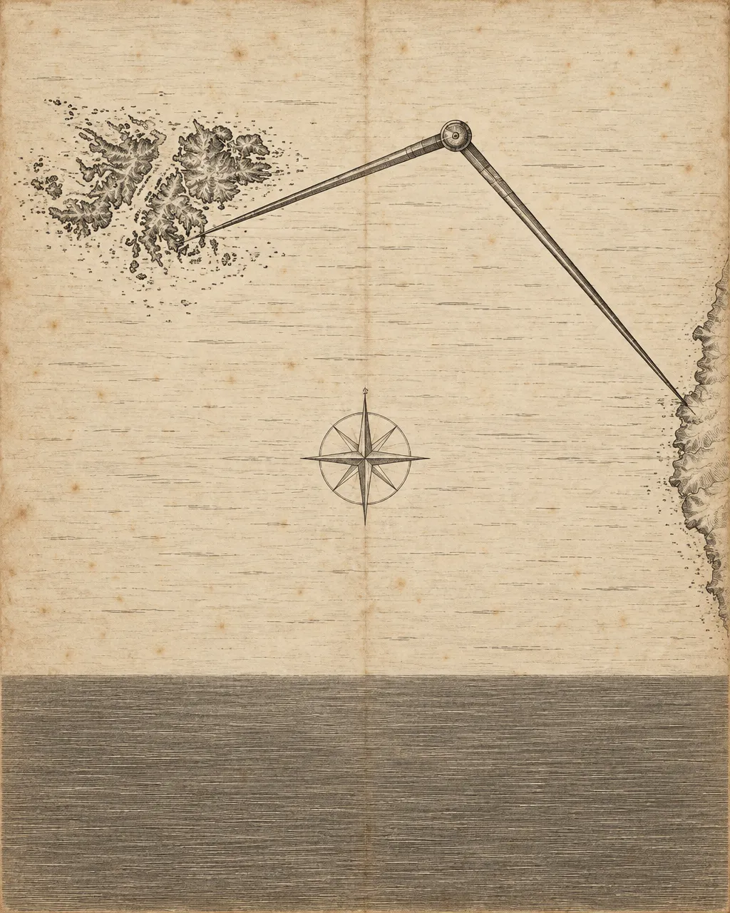 El zorro de las Malvinas no huía de los humanos, y Darwin escribió una profecía sobre él 6 Grabado en tinta negra sobre papel crema envejecido, al estilo de una carta náutica de la década de 1830, con una costa recortada en la parte superior